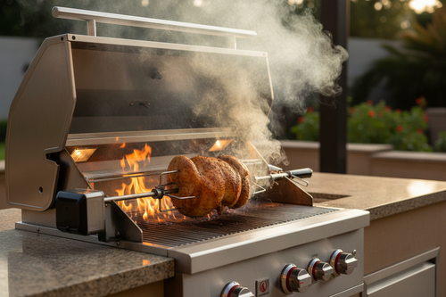 A stainless steel outdoor gas grill with a rotisserie setup, cooking a large roasted meat cut on a spit over visible flames. Smoke rises from the grill, set on a stone countertop with a blurred patio background.