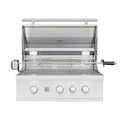 Stainless steel grill with four control knobs on a white background