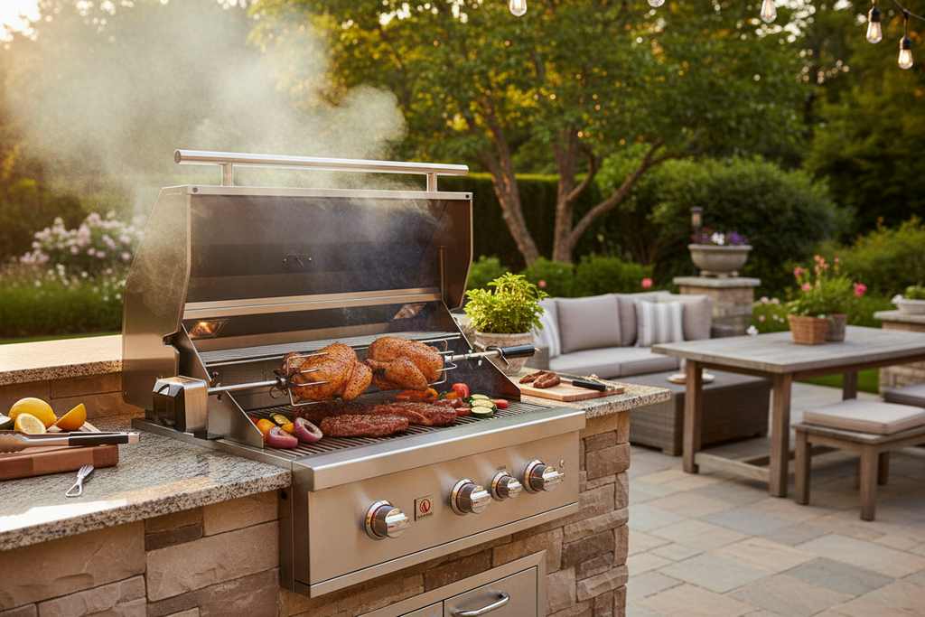 A stainless steel outdoor gas grill on a stone-topped counter, smoking while cooking a whole chicken and sausages on a patio with lounge furniture and greenery in the background.