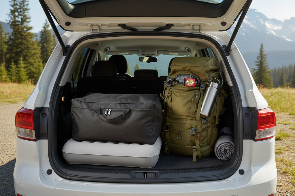 An open white SUV trunk in a mountain meadow shows camping gear packed inside, including a large olive green backpack, a dark gray duffel bag, a white sleeping pad, and a rolled towel, with trees and mountains in the background.
