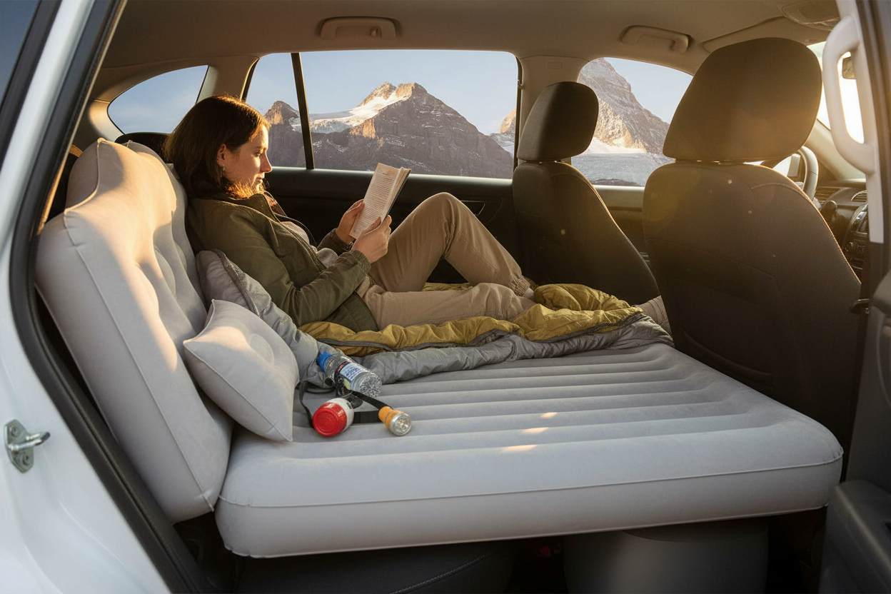 A woman relaxes on an inflatable camping air mattress set up inside a car, with a sleeping bag and mountain scenery visible through the windows.