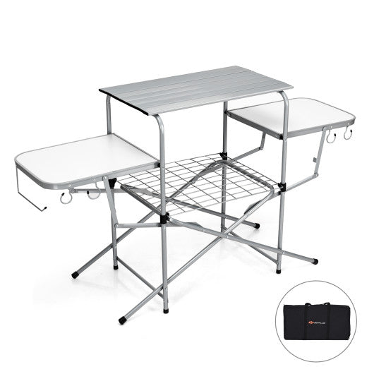 Camping table set with two tables and a bench on a white background, including a carrying case.