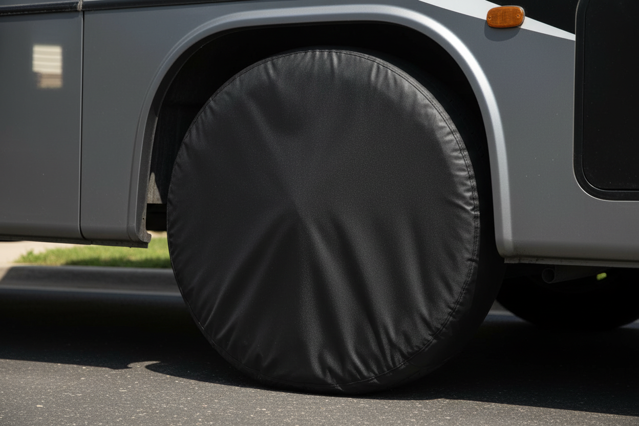 A close-up of a black tire cover fitted over a vehicle's spare tire, shown parked outdoors on asphalt next to a gray RV or trailer.