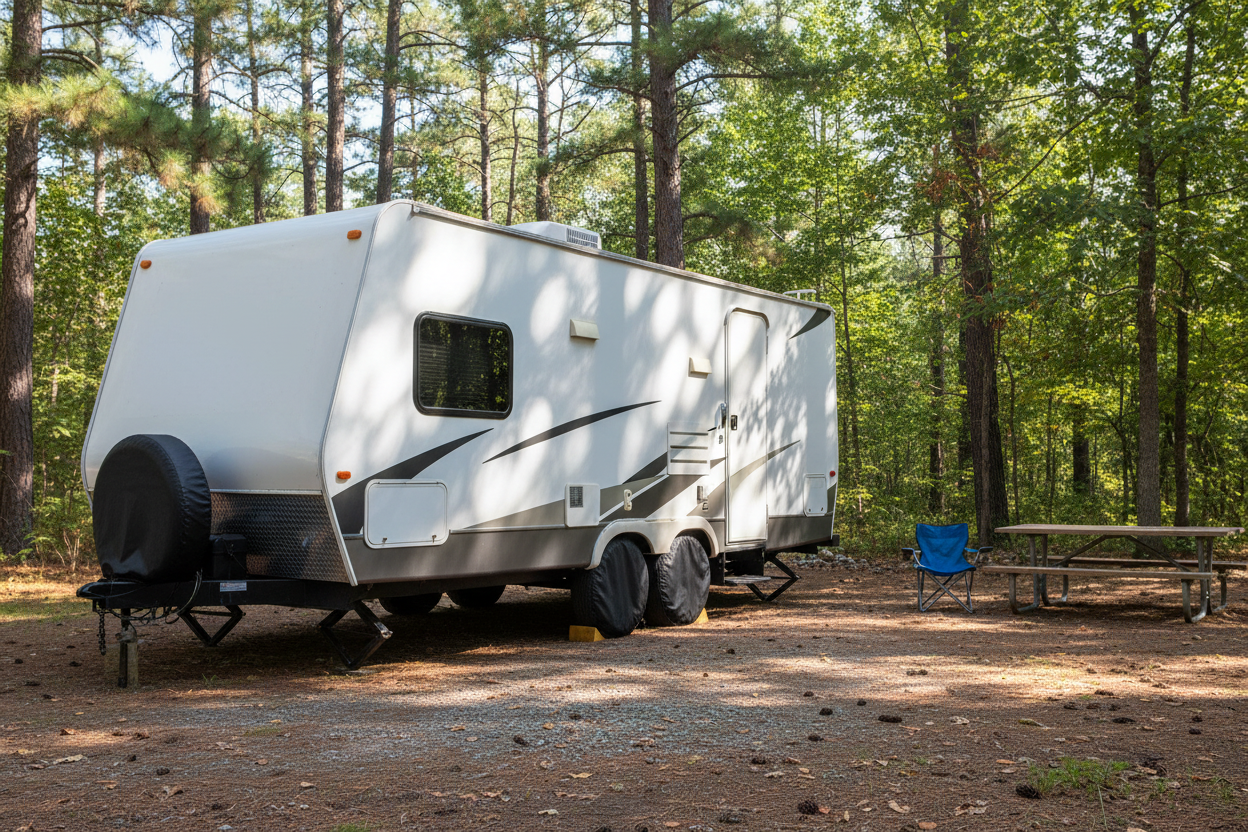 A white travel trailer parked on a gravel campsite in a wooded area, with a picnic table and blue folding chair nearby with tire covers.