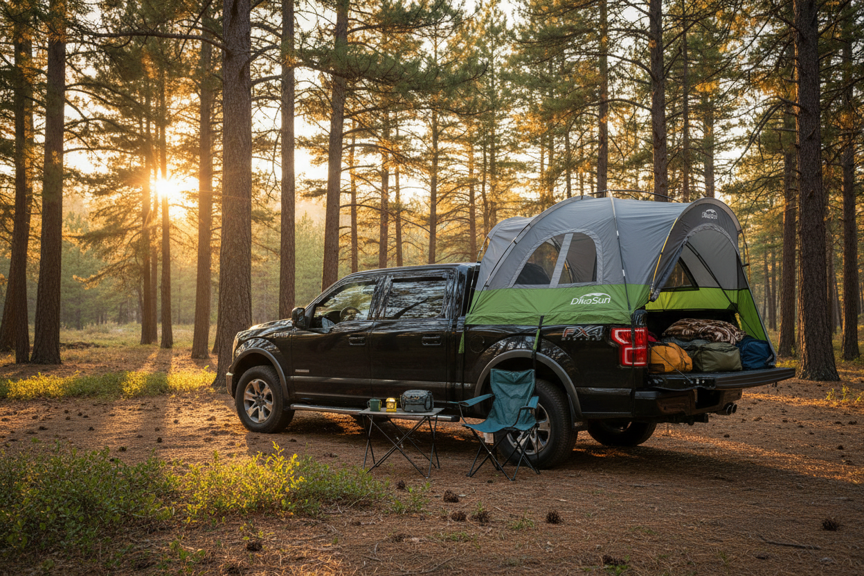 A black pickup truck parked in a sunlit pine forest with a green and gray pop-up tent mounted over the bed, plus a folding chair and small table outside the truck.