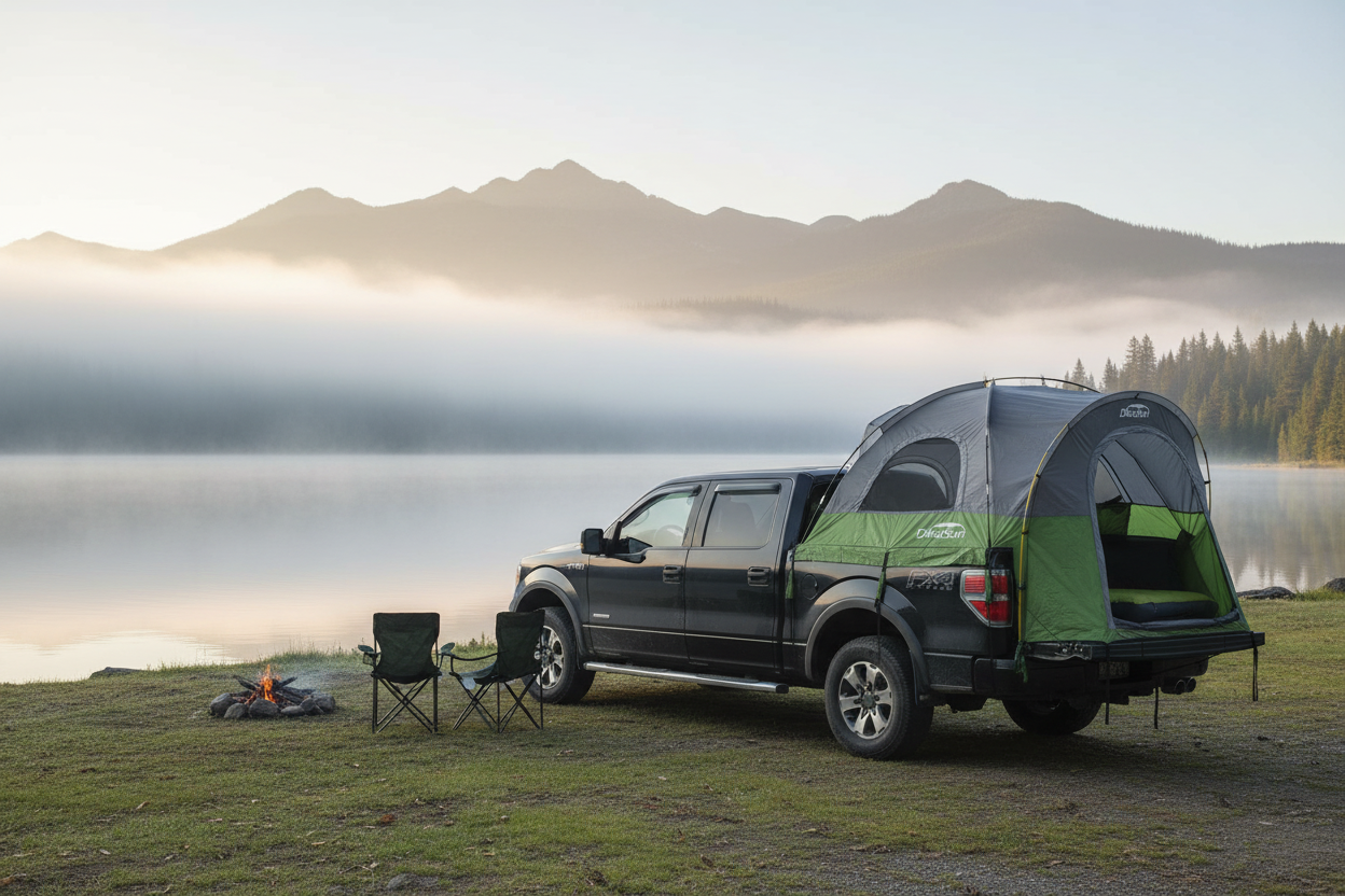 A black pickup truck parked beside a calm lake with misty mountains in the background, featuring a green and gray pop-up tent mounted over the bed. Two folding chairs sit nearby on the grassy shore.