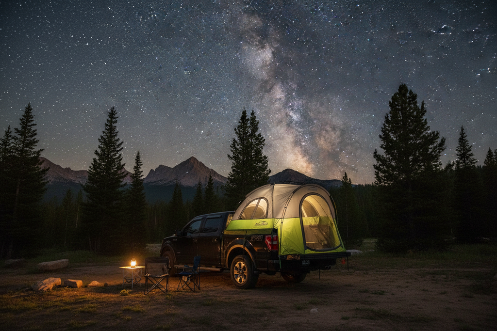 A black pickup truck with a green and gray pop-up camping tent attached in a forest clearing at night, with mountains, stars, and the Milky Way visible in the sky. A small campfire burns nearby, and camping chairs sit on the ground.