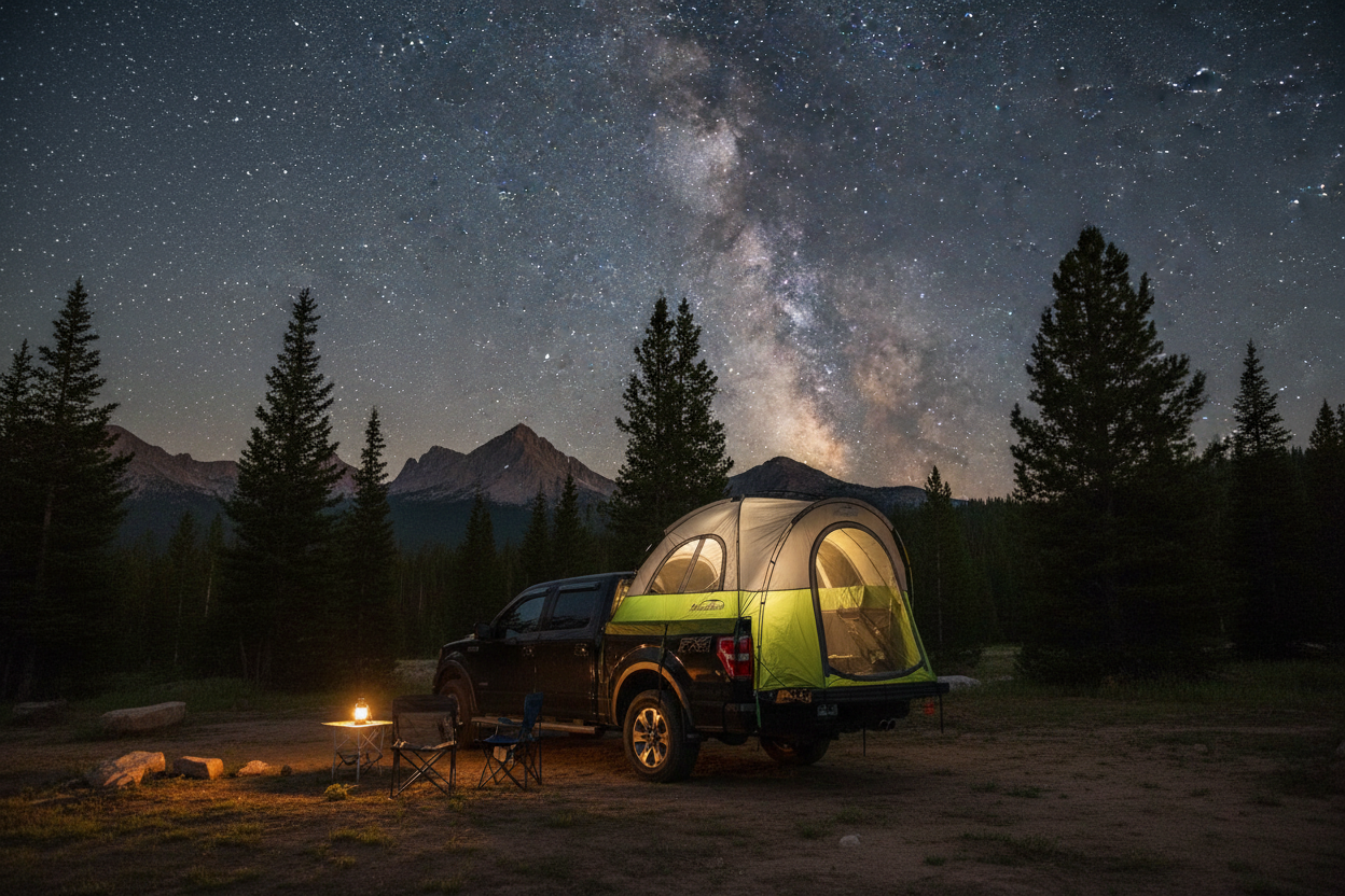 A black pickup truck with a green and gray pop-up camping tent attached in a forest clearing at night, with mountains, stars, and the Milky Way visible in the sky. A small campfire burns nearby, and camping chairs sit on the ground.
