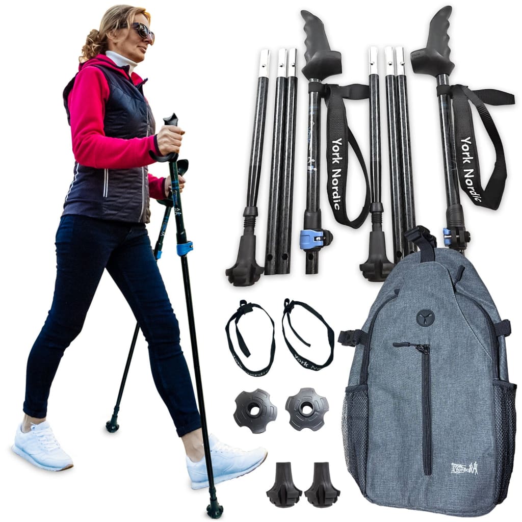 Woman with hiking poles and backpack, surrounded by hiking accessories on a white background