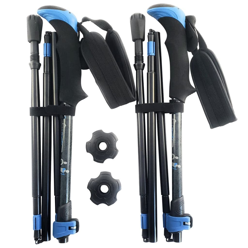 Two pairs of black and blue hiking poles with accessories on a white background